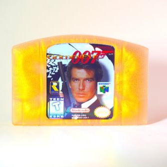 Handmade golden N64 art cartridge inspired by GoldenEye 007. A resin-cast retro gaming collectible, perfect for nostalgic Nintendo fans and 90s gamers.