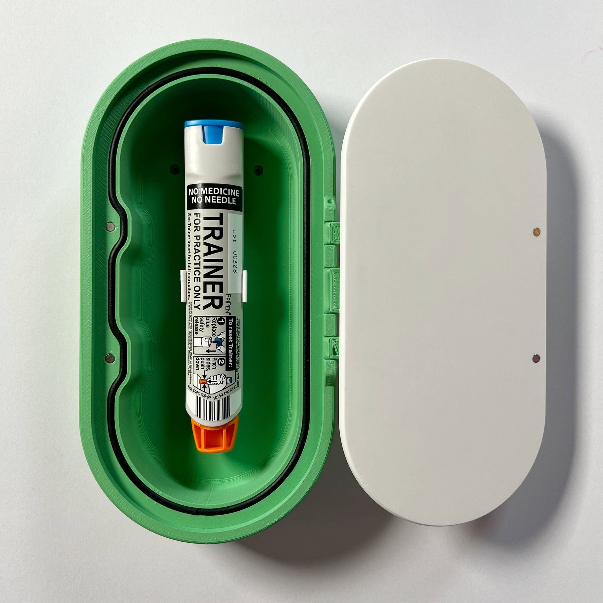 Wall-mounted, blue and white EpiPen storage case designed for easy access in emergencies. Durable, sleek, and perfect for mounting on walls in homes, offices, or schools for safe storage of epinephrine injectors.