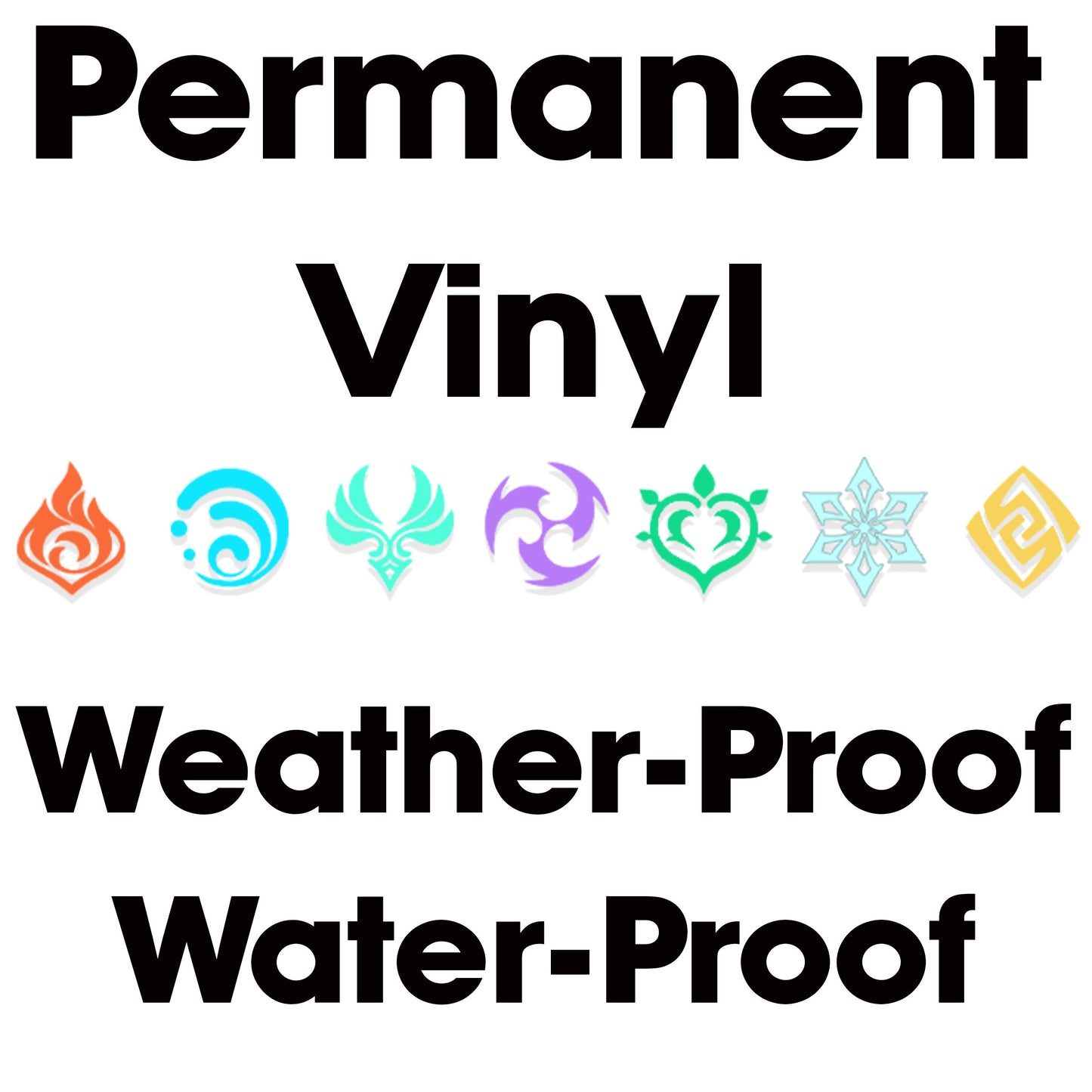 Vinyl stickers featuring Genshin Impact element symbols. Waterproof and durable, ideal for decorating laptops, water bottles, and notebooks. A perfect gift for Genshin Impact fans. Customize your gear with style.
