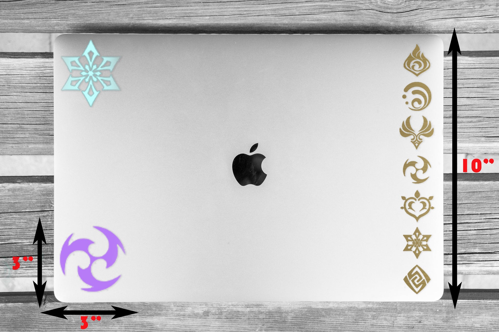 Vinyl stickers featuring Genshin Impact element symbols. Waterproof and durable, ideal for decorating laptops, water bottles, and notebooks. A perfect gift for Genshin Impact fans. Customize your gear with style.