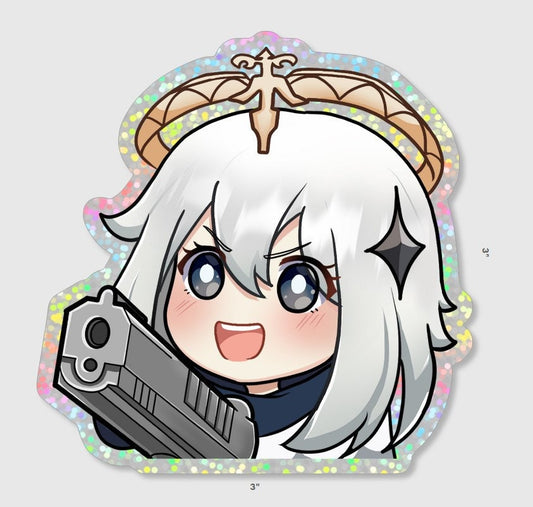 Holographic Paimon sticker from Genshin Impact featuring a cute chibi design. Perfect for decorating laptops, water bottles, and more. Durable and eye-catching, a fun way to show your love for the game!