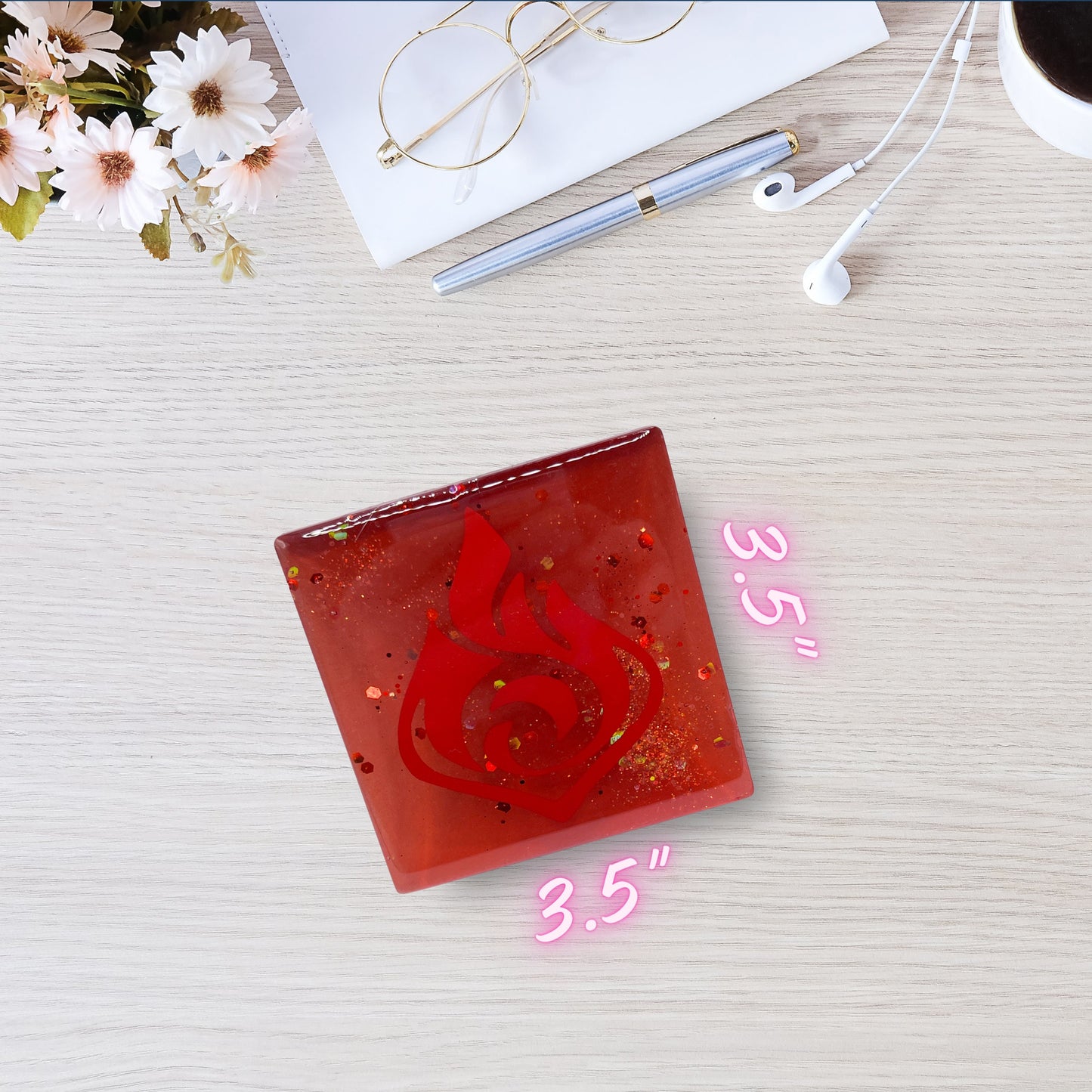 Handmade Genshin Impact element-themed resin coasters featuring designs of all seven elemental powers. Perfect gift for fans of the game or as unique decor for gamers and collectors alike.