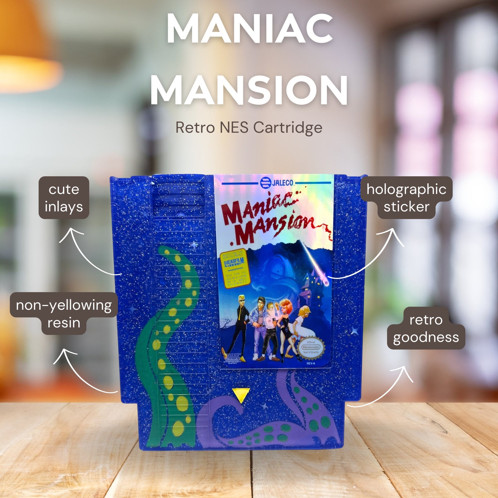 Handmade custom Maniac Mansion NES cartridge art, featuring a starry night background and iconic tentacles from the game. Perfect for displaying as unique gamer decor or a gift for retro game enthusiasts.