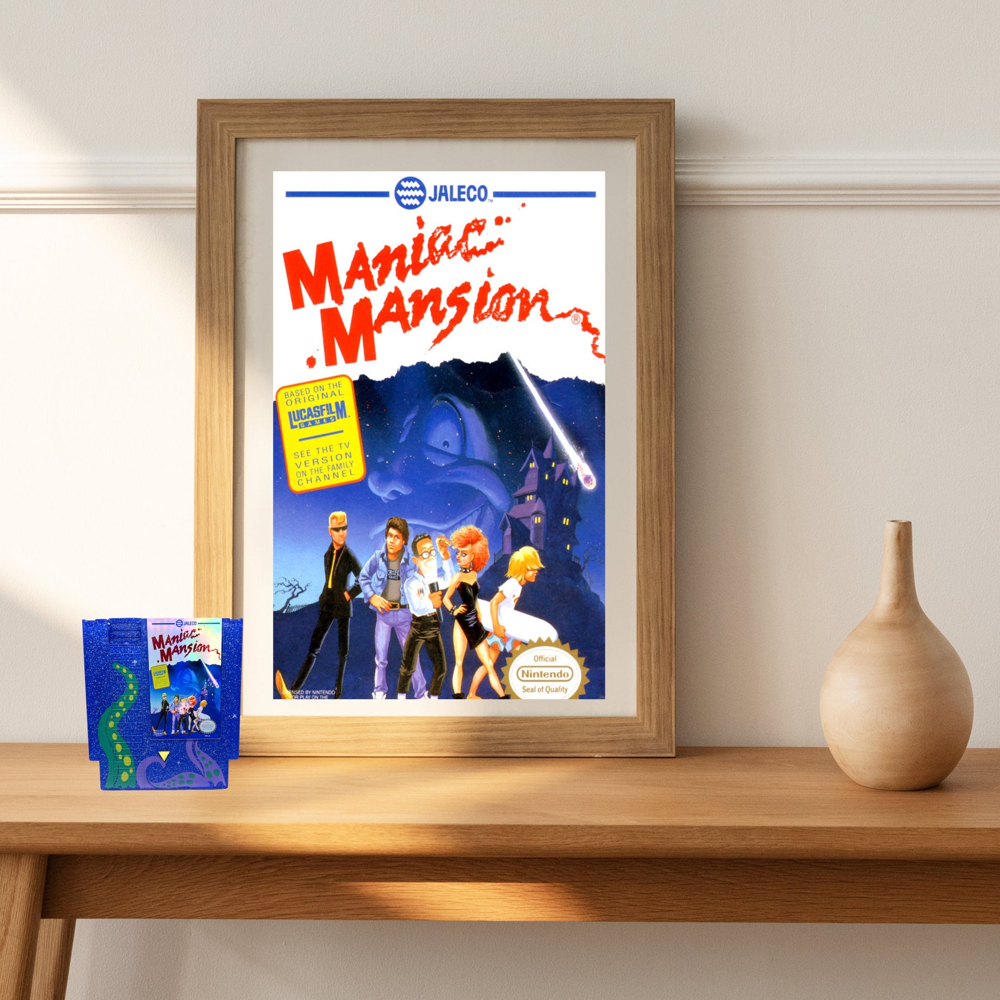 Handmade custom Maniac Mansion NES cartridge art, featuring a starry night background and iconic tentacles from the game. Perfect for displaying as unique gamer decor or a gift for retro game enthusiasts.