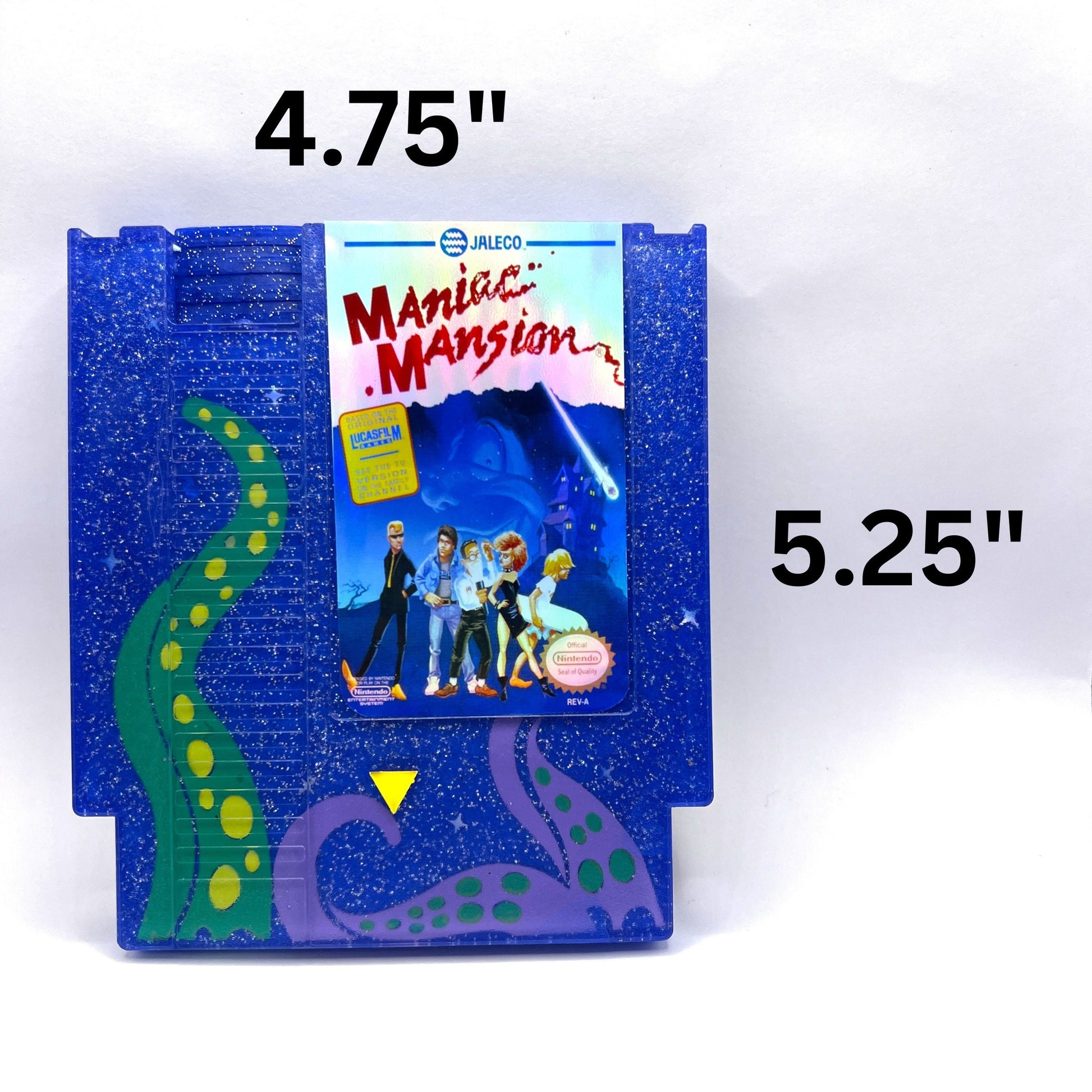 Handmade custom Maniac Mansion NES cartridge art, featuring a starry night background and iconic tentacles from the game. Perfect for displaying as unique gamer decor or a gift for retro game enthusiasts.