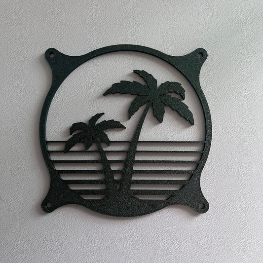 Decorative PC fan cover featuring an 80s tropical palm tree design with a black textured finish. Perfect for adding a unique and stylish touch to gaming or custom PC builds, blending functionality with aesthetic flair.