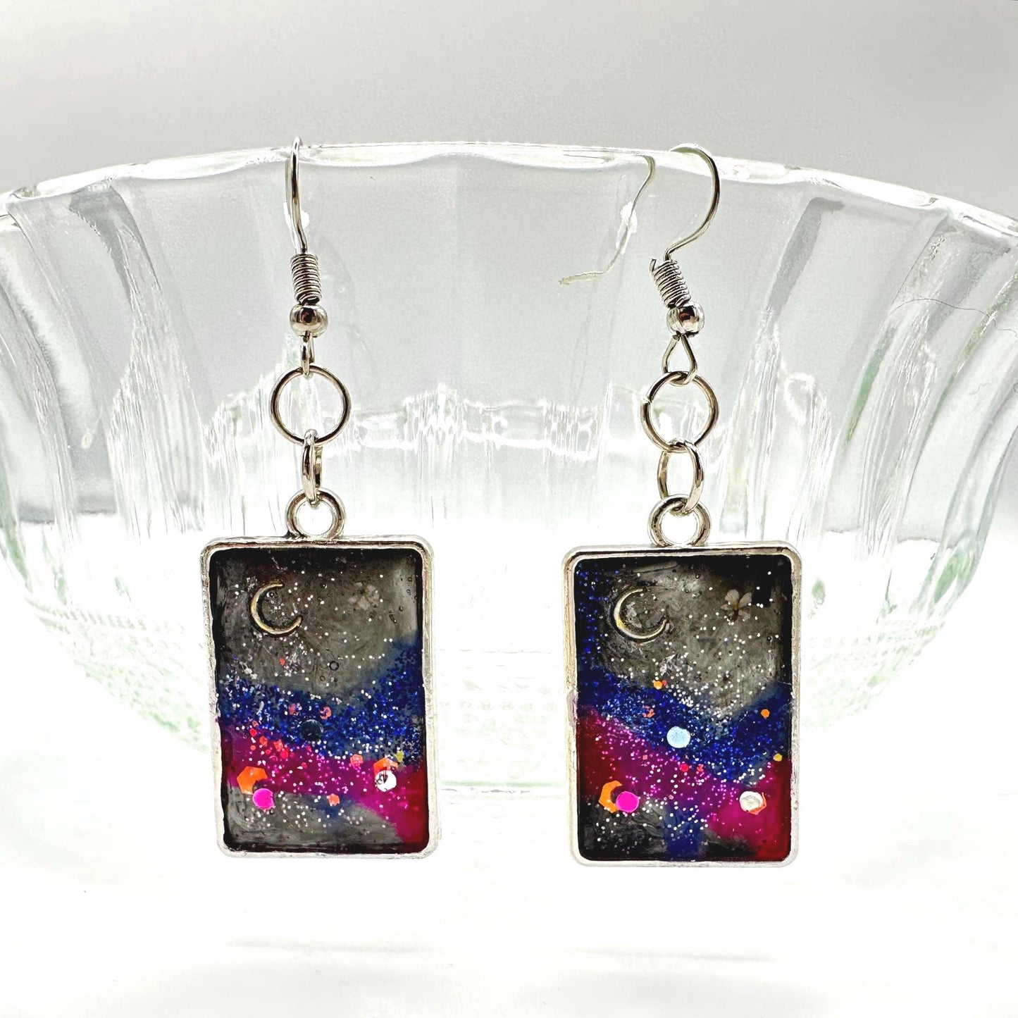 Galaxy Night Sky Dangle Earrings: Stainless Steel & Resin