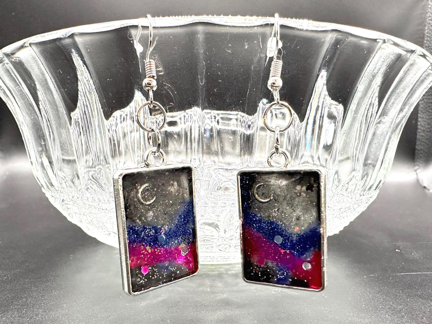 Galaxy Night Sky Dangle Earrings: Stainless Steel & Resin