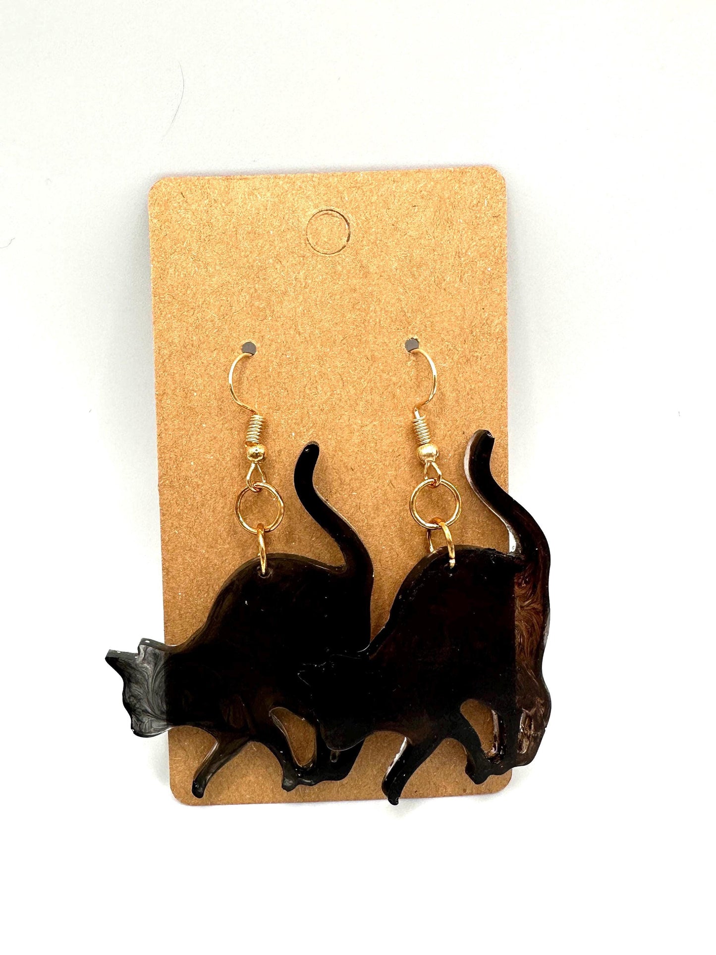 Brass & Resin Cat Dangle Earrings - 65mm