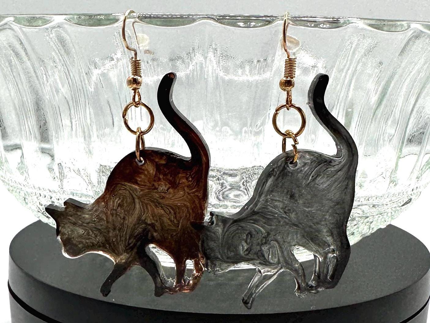 Brass & Resin Cat Dangle Earrings - 65mm