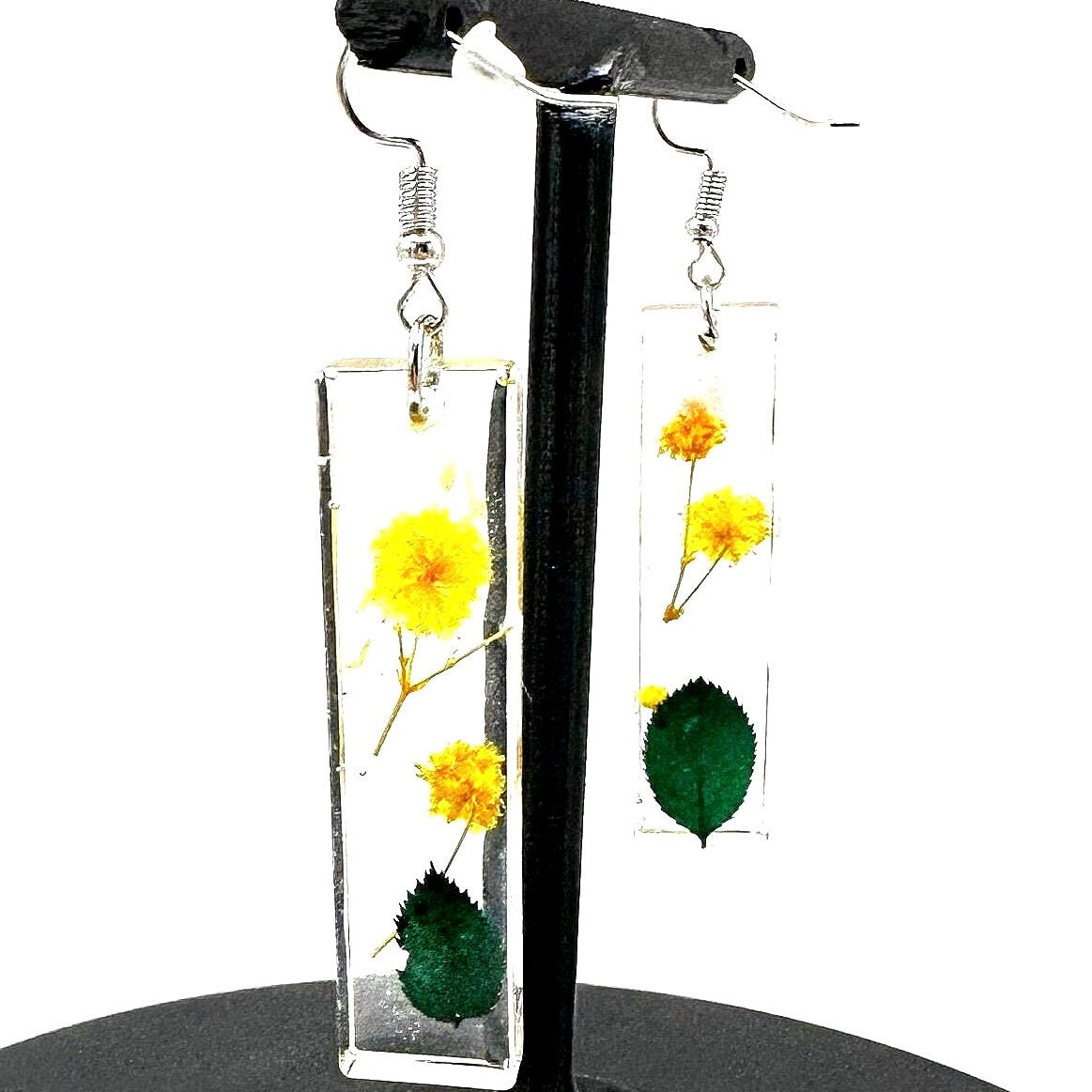 Floral Resin Dangle Earrings: Yellow Flowers & Leaves