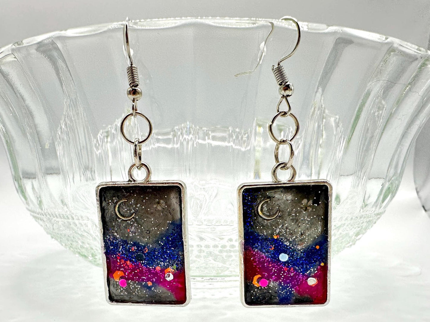 Galaxy Night Sky Dangle Earrings: Stainless Steel & Resin