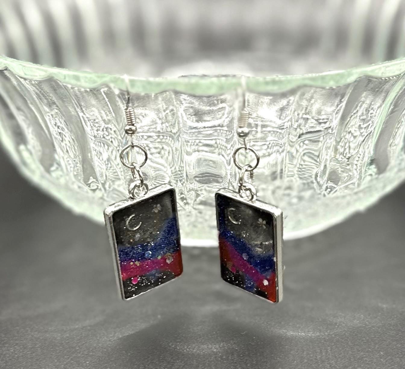 Galaxy Night Sky Dangle Earrings: Stainless Steel & Resin