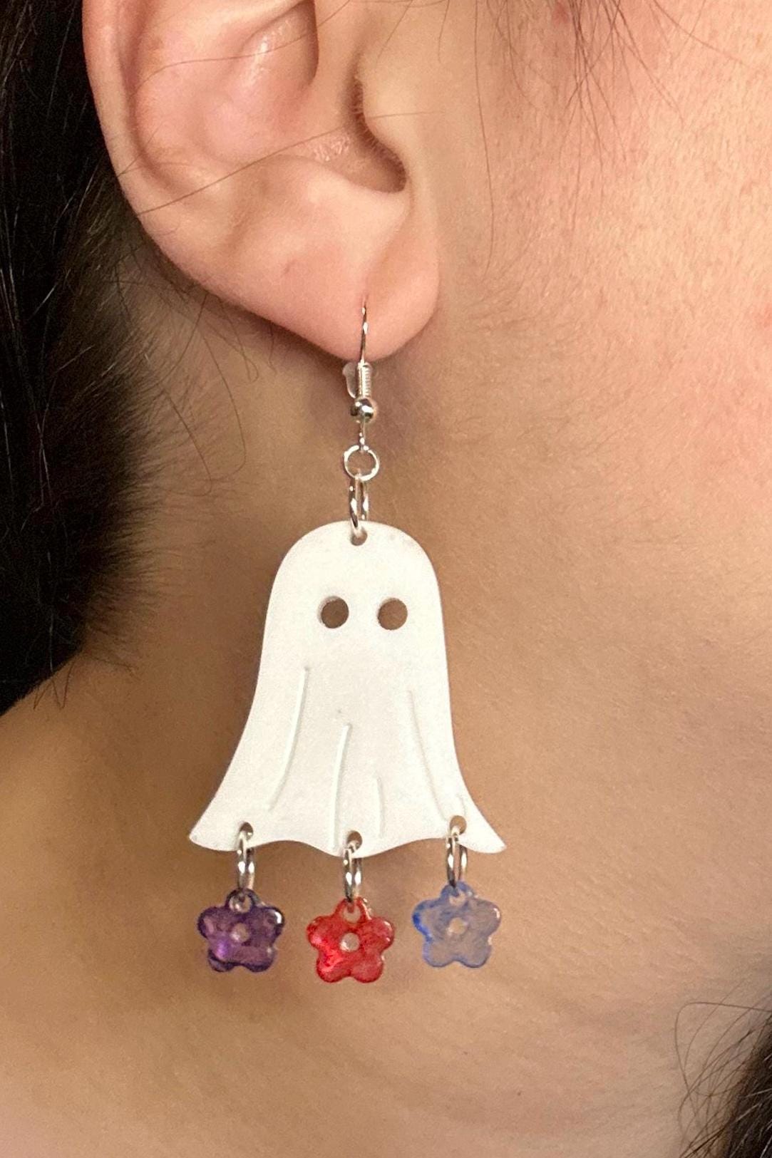 Floral Ghost Dangle Earrings: Steel & Resin Charms
