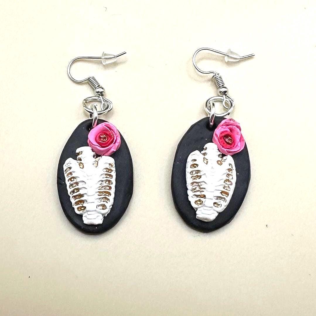 Floral Ribcage Earrings: Pink Gothic Polymer Clay Steel Charms