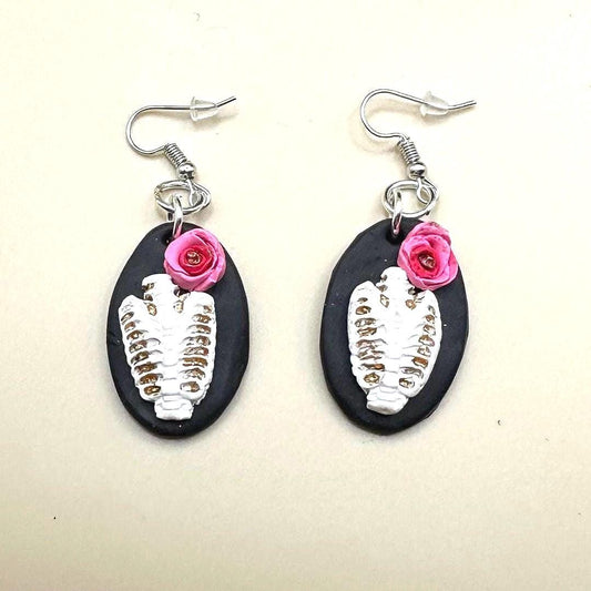 Floral Ribcage Earrings: Pink Gothic Polymer Clay Steel Charms