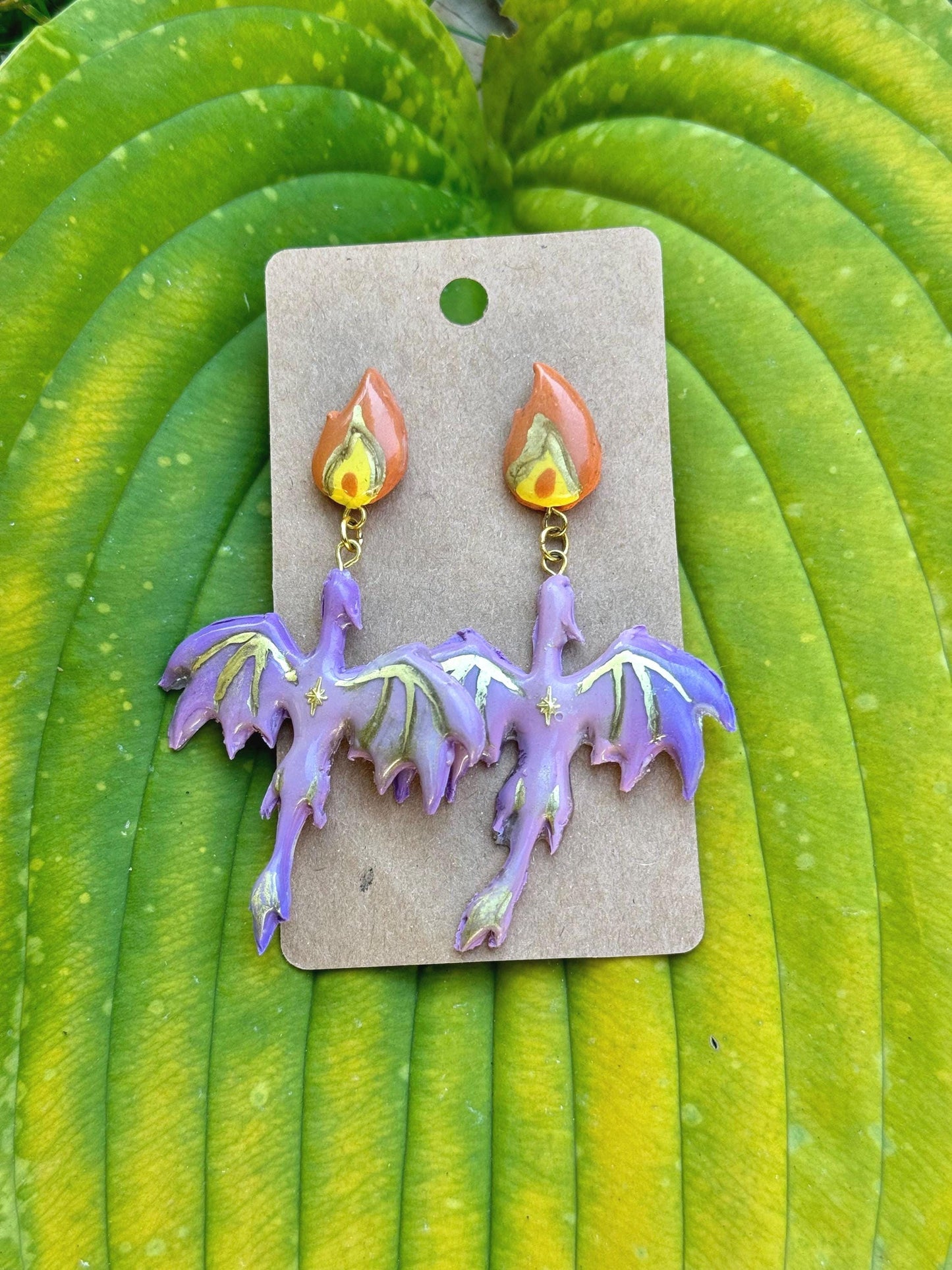Purple Dragon Dangle Earrings: Polymer Clay Fire Charms