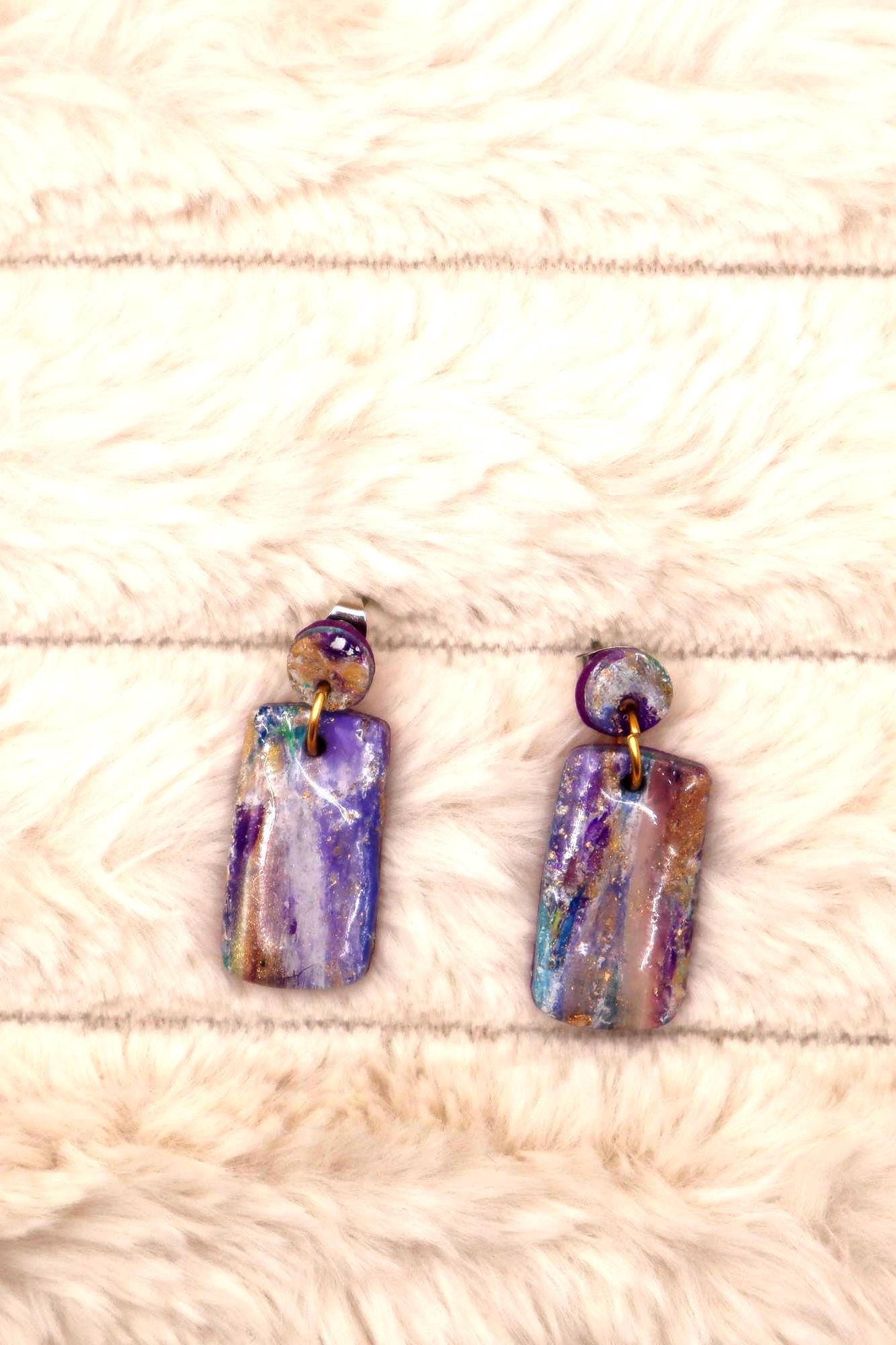 Rectangular Purple Vertical Marble Dangle Earrings