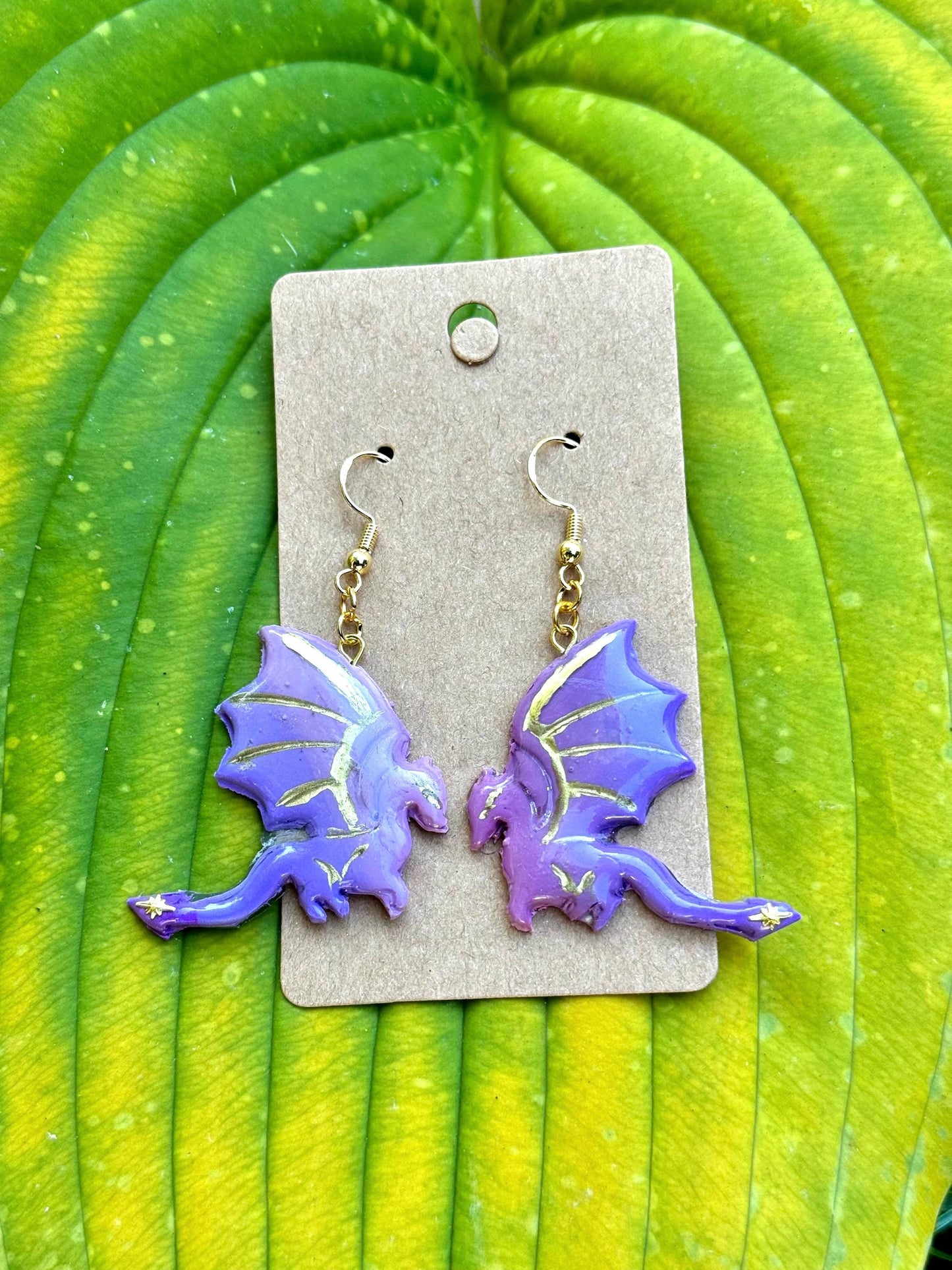 Purple & Gold Dragon Profile Dangle Earrings