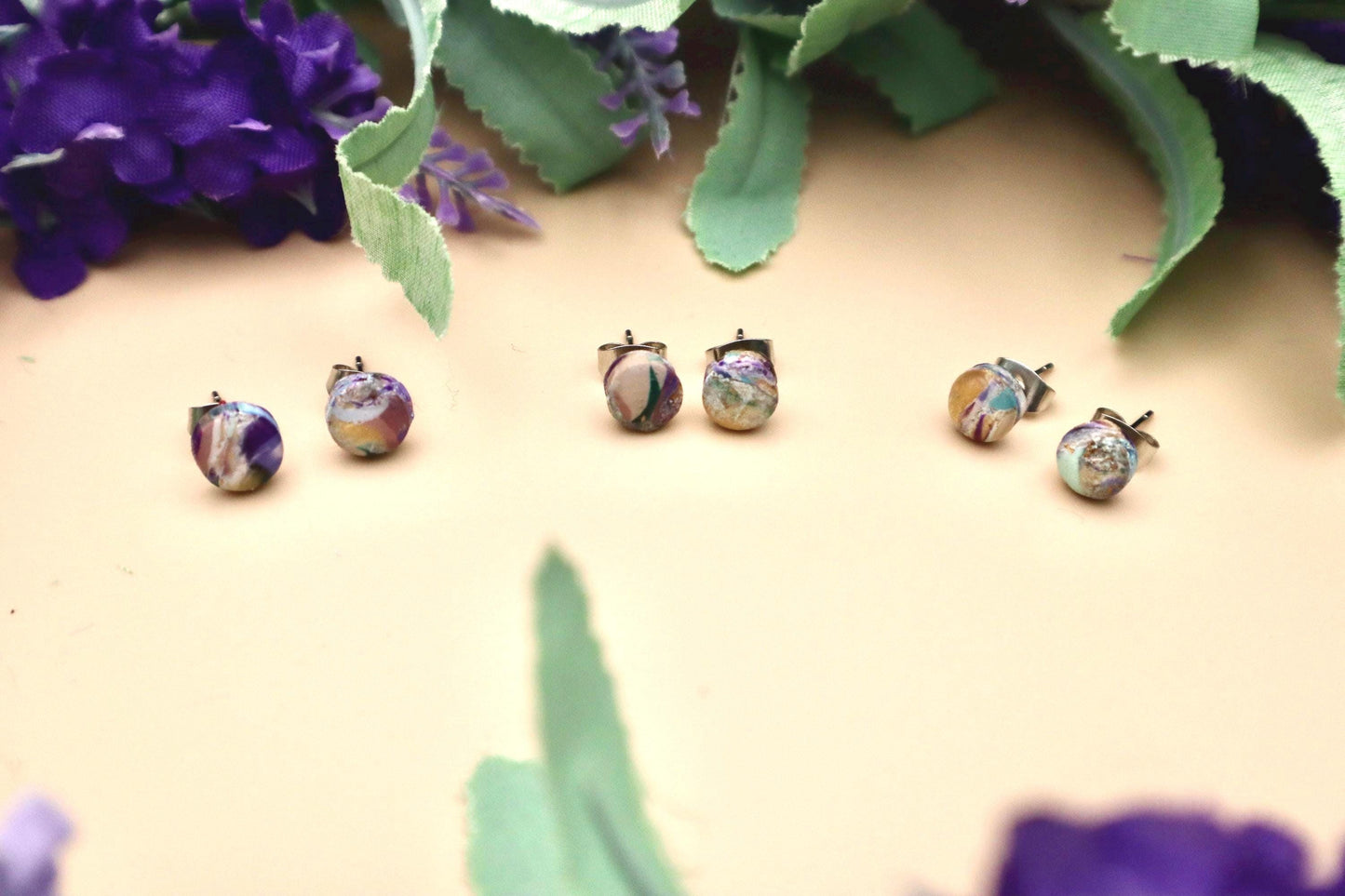 3 Pairs Polymer Clay Marble Stud Earrings