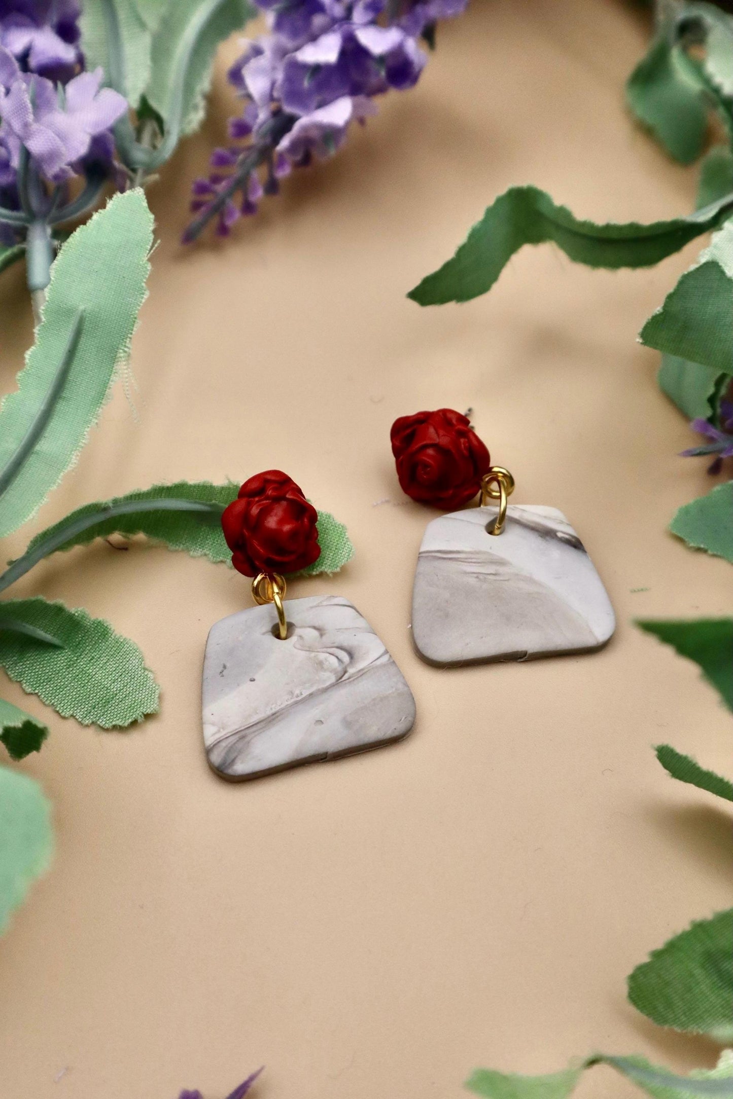 Red Rose and Marble Purse Dangle Earrings | Polymer Clay