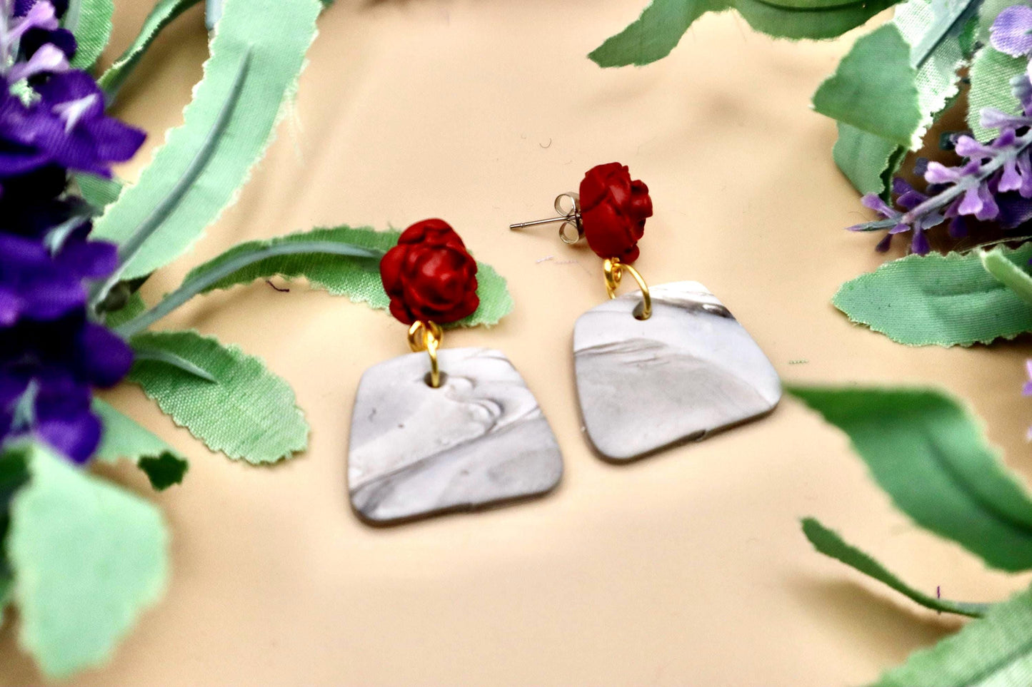Red Rose and Marble Purse Dangle Earrings | Polymer Clay