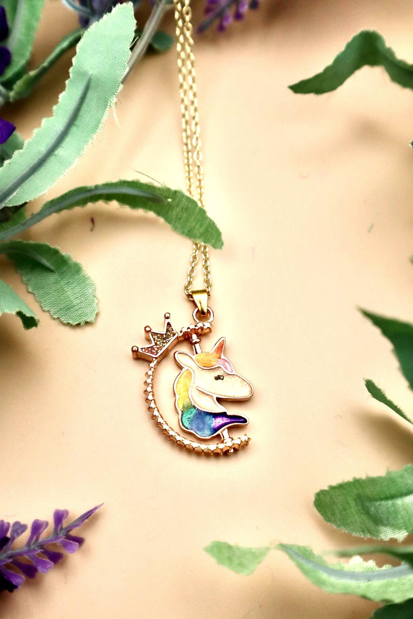 Spinning Rose Gold Unicorn Pendant Necklace
