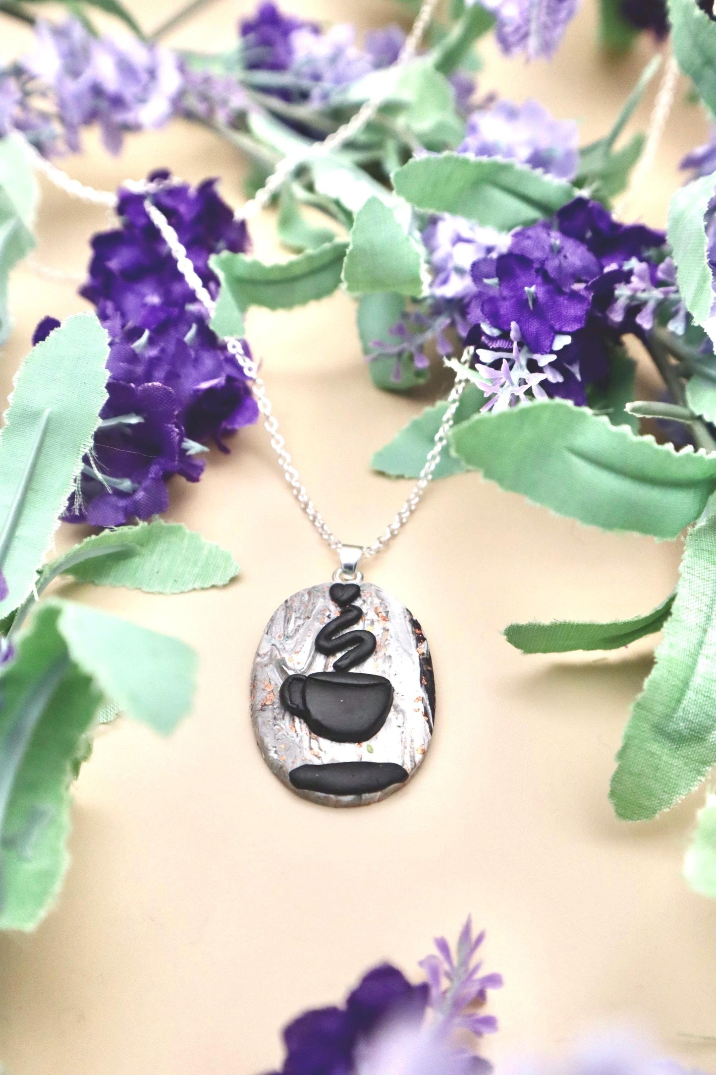 Coffee Lover Necklace: Black Silhouette, Marble Polymer Clay Pendant