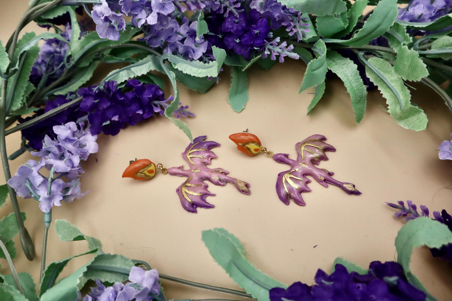 Purple Dragon Dangle Earrings: Polymer Clay Fire Charms