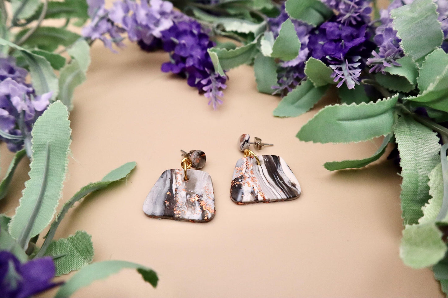 Black, White, and Rose Gold Marble Polygon Dangle Earrings | Polymer Clay