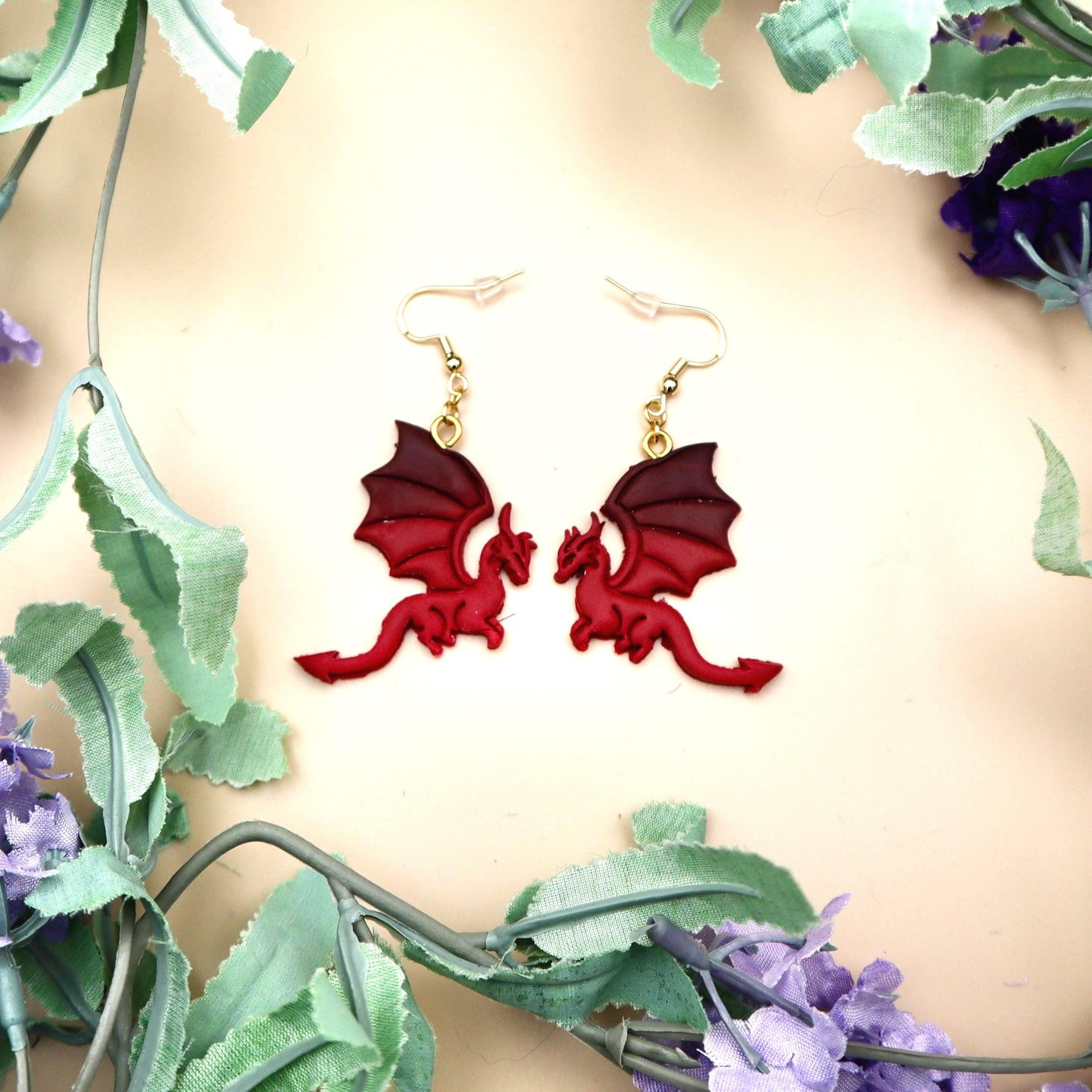 Black & Red Dragon Dangle Earrings: Polymer Clay, Gold Plated Hooks