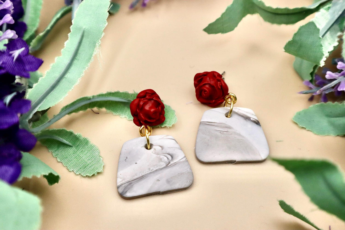 Red Rose and Marble Purse Dangle Earrings | Polymer Clay