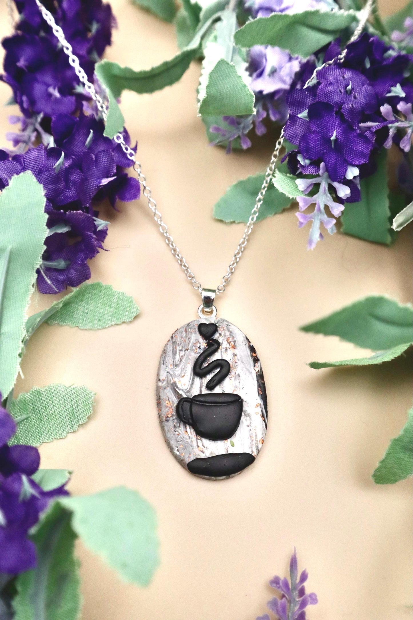 Coffee Lover Necklace: Black Silhouette, Marble Polymer Clay Pendant
