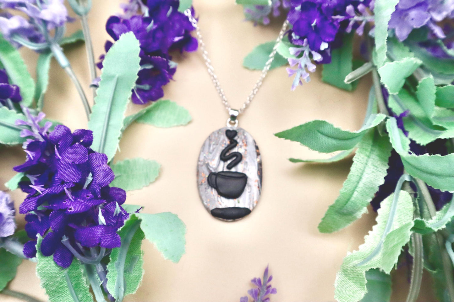 Coffee Lover Necklace: Black Silhouette, Marble Polymer Clay Pendant