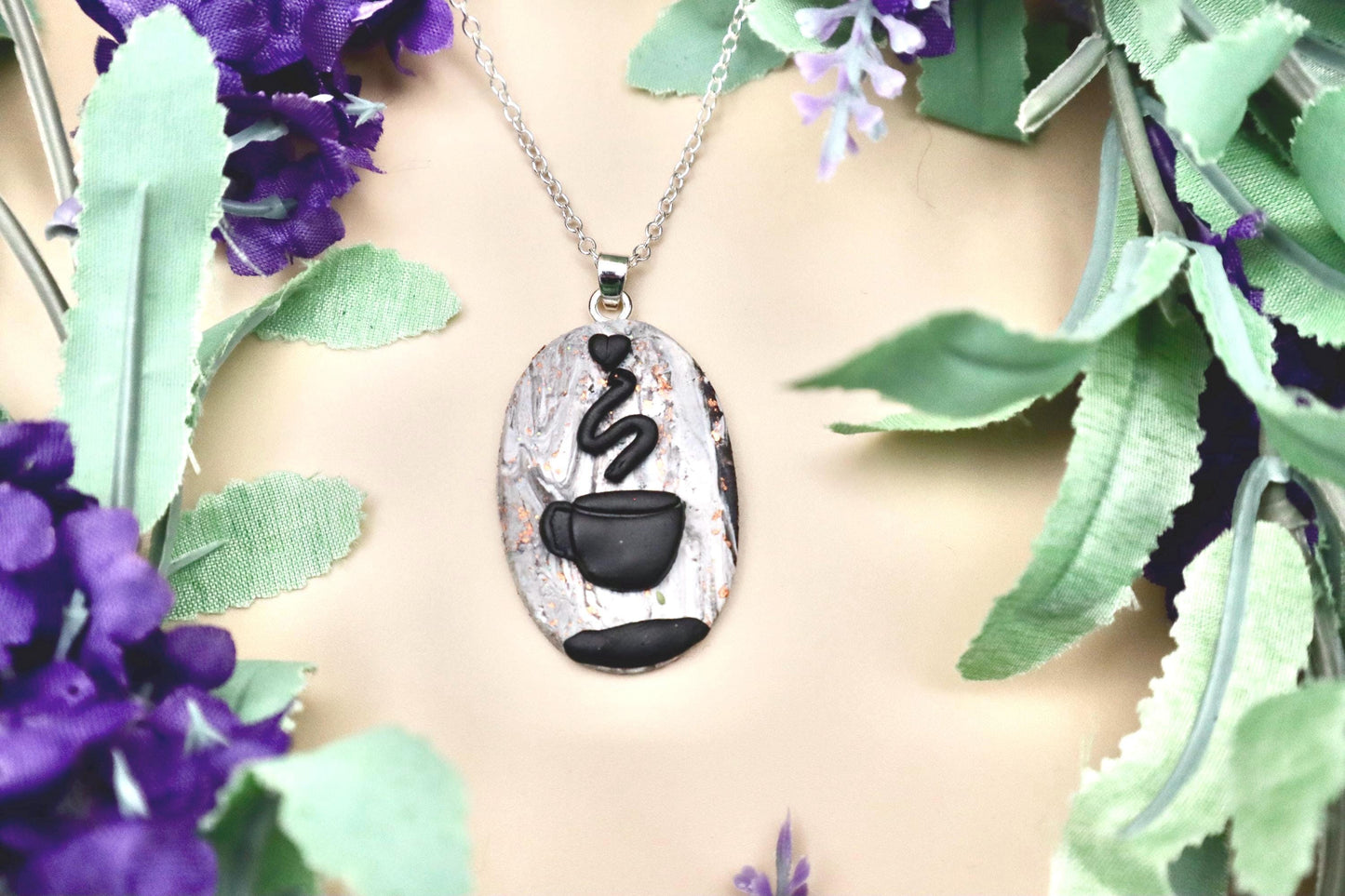Coffee Lover Necklace: Black Silhouette, Marble Polymer Clay Pendant