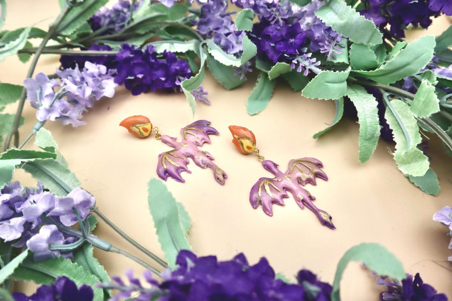 Purple Dragon Dangle Earrings: Polymer Clay Fire Charms