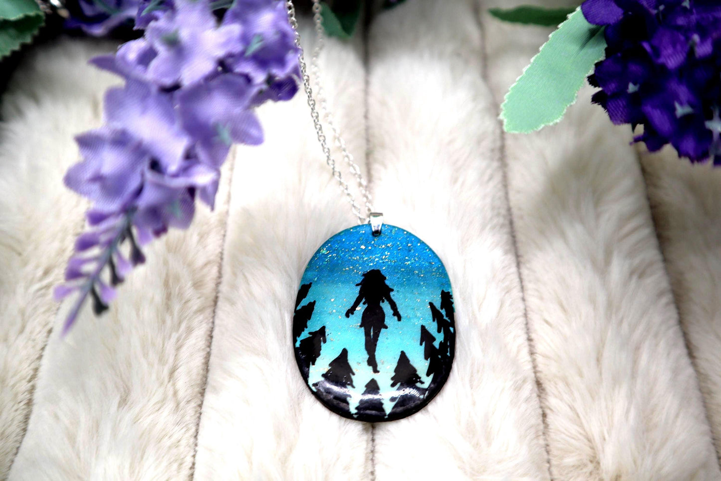 Night Sky Polymer Clay Pendant Necklace: Sterling Silver Plated Chain