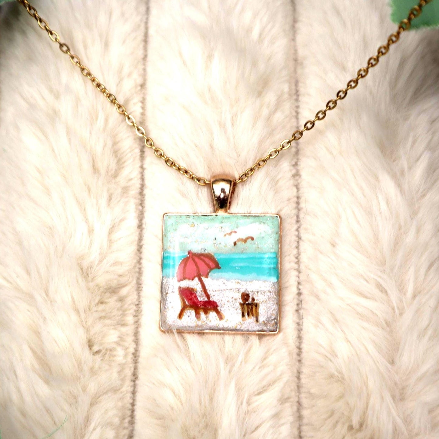 Beach Scene Gold Plated Pendant: Polymer Clay Vacation Necklace