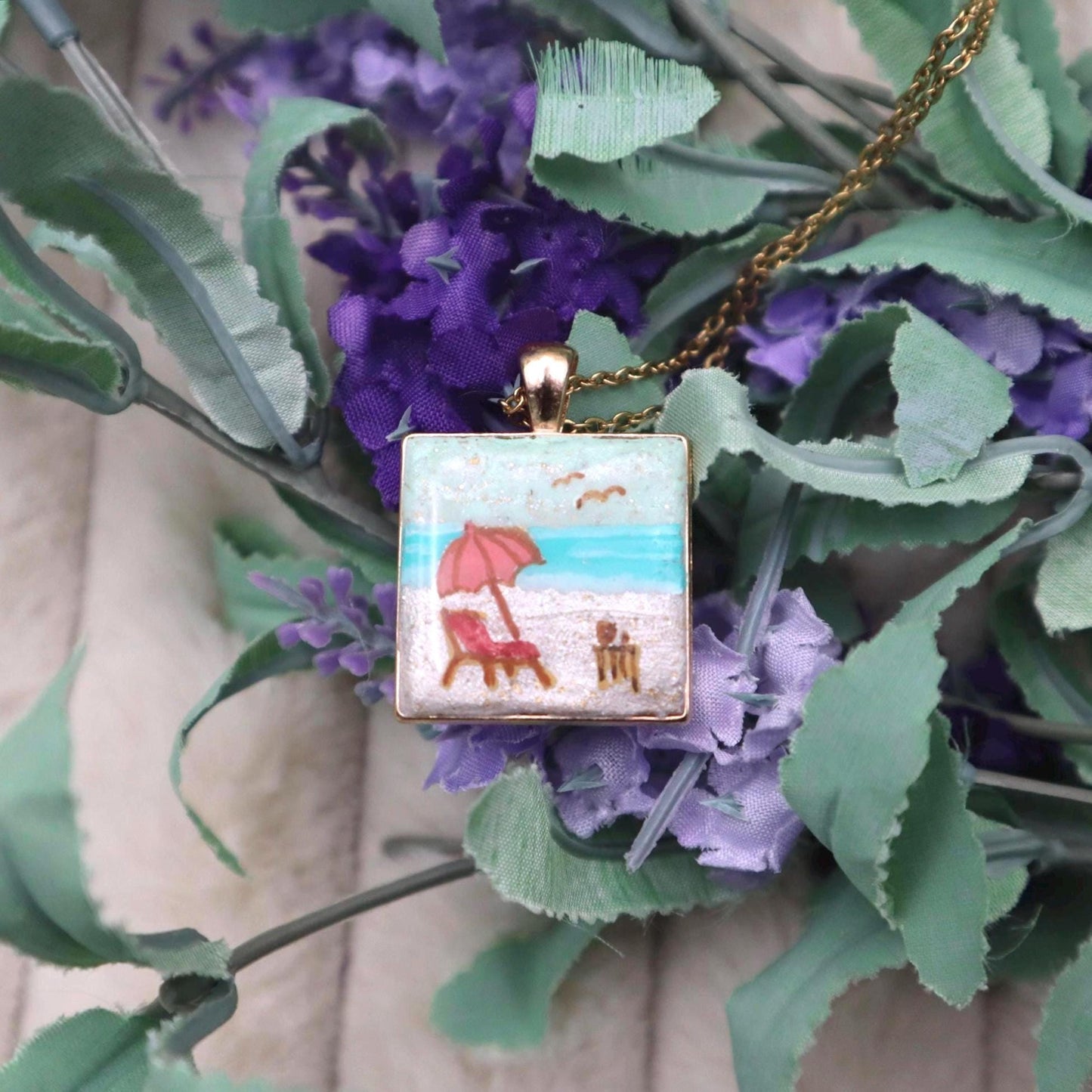 Beach Scene Gold Plated Pendant: Polymer Clay Vacation Necklace