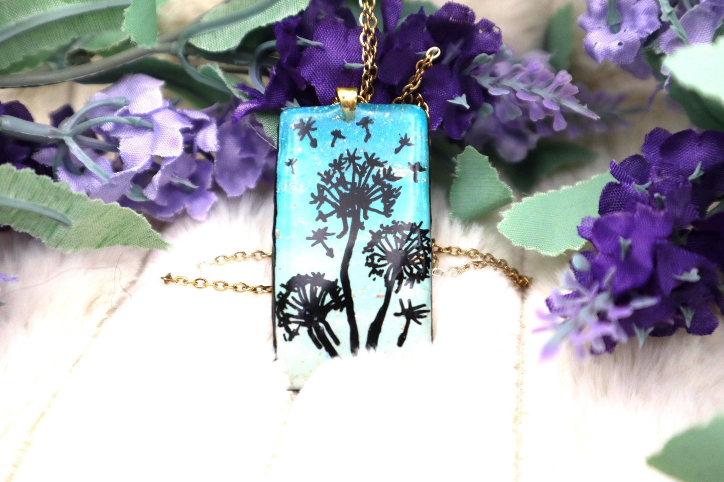 Handmade Dandelion Pendant Necklace: Handpainted Gold Plated Chain