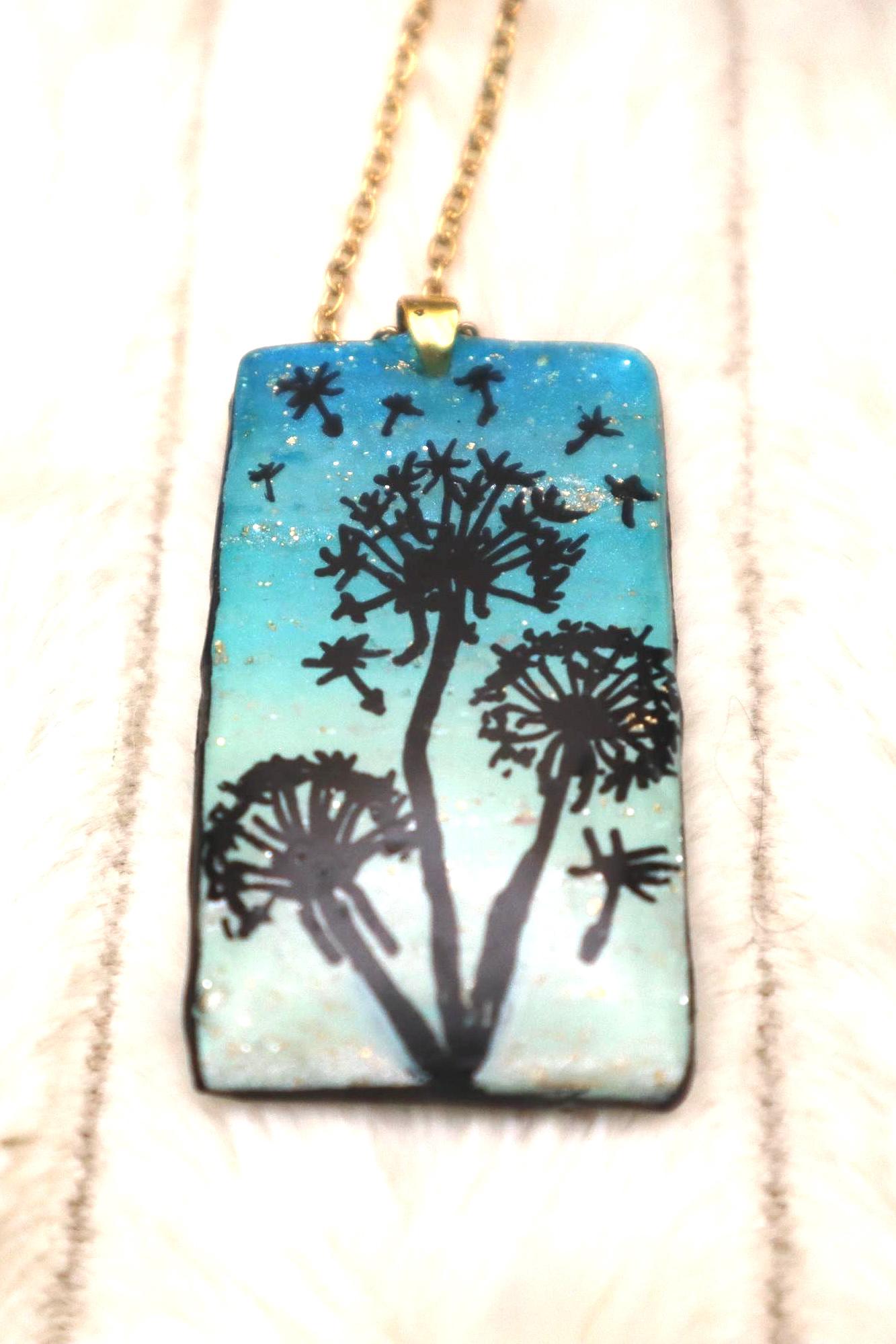 Handmade Dandelion Pendant Necklace: Handpainted Gold Plated Chain