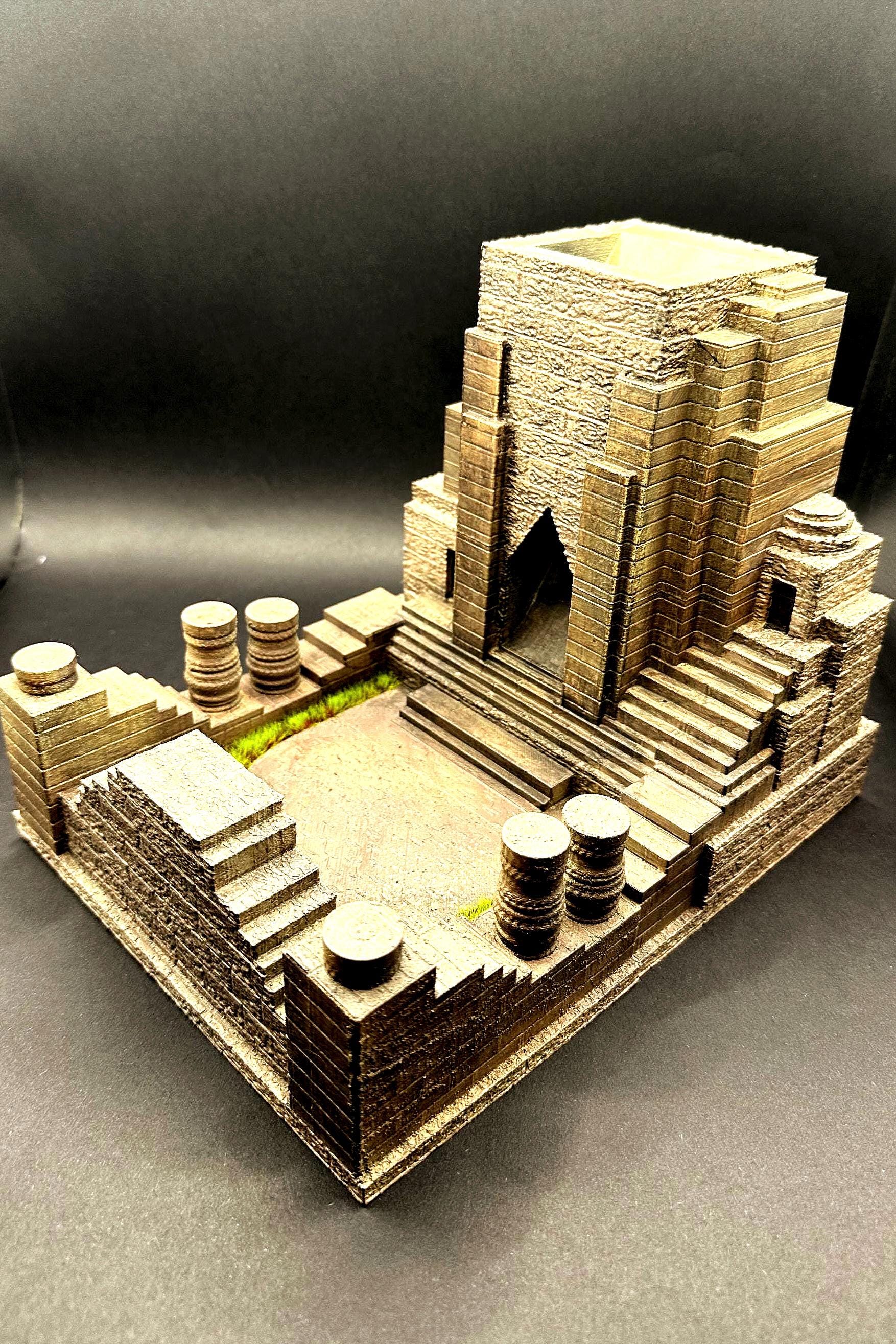Handpainted dungeon-themed dice tower with stone details and included resin dice set, perfect for Dungeons and Dragons, tabletop RPGs, and fantasy gaming décor.