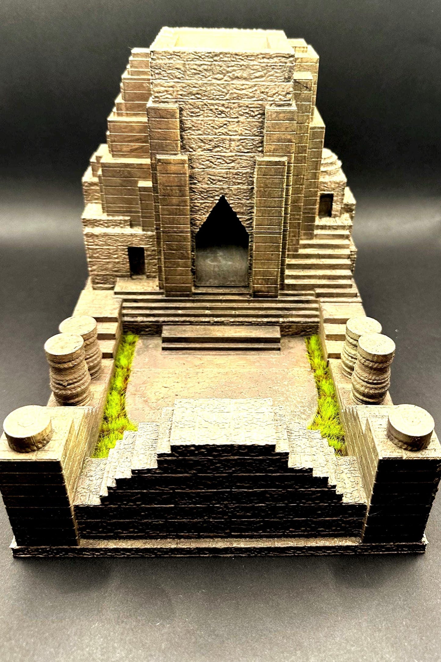 Handpainted dungeon-themed dice tower with stone details and included resin dice set, perfect for Dungeons and Dragons, tabletop RPGs, and fantasy gaming décor.