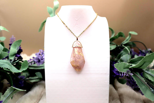 Pink Resin Faux Crystal Pendant Necklace: Gold Flake Inlay
