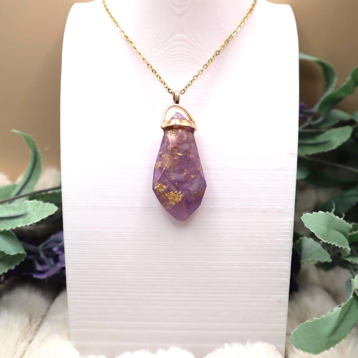 Purple and Gold Faux Crystal Pendant Necklace | Gold Plated Chain