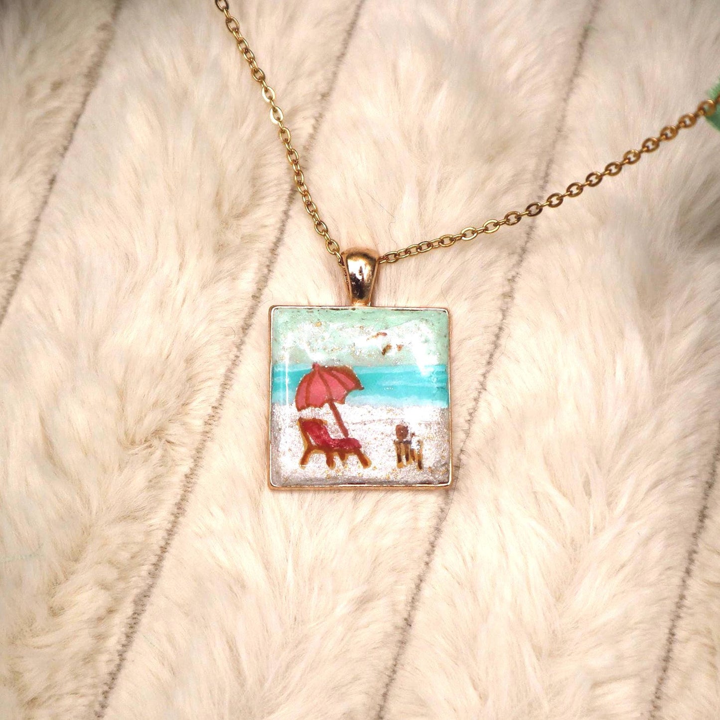 Beach Scene Gold Plated Pendant: Polymer Clay Vacation Necklace
