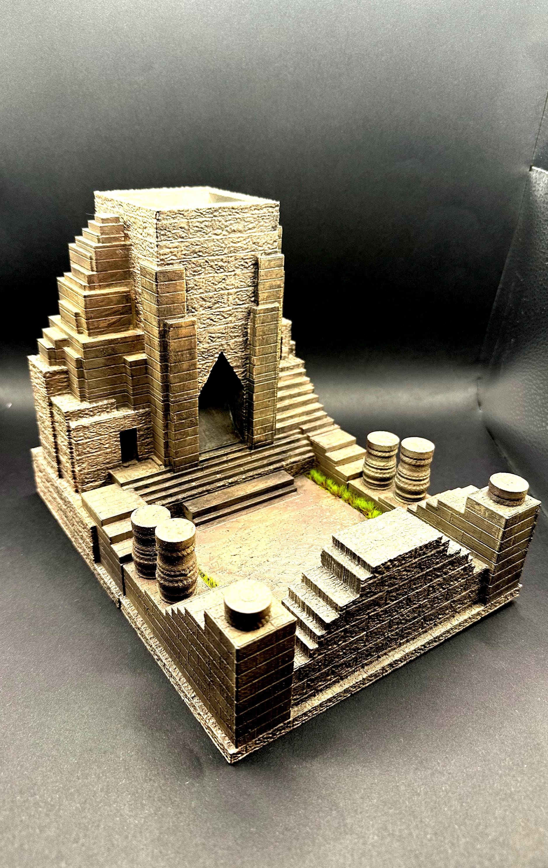 Handpainted dungeon-themed dice tower with stone details and included resin dice set, perfect for Dungeons and Dragons, tabletop RPGs, and fantasy gaming décor.