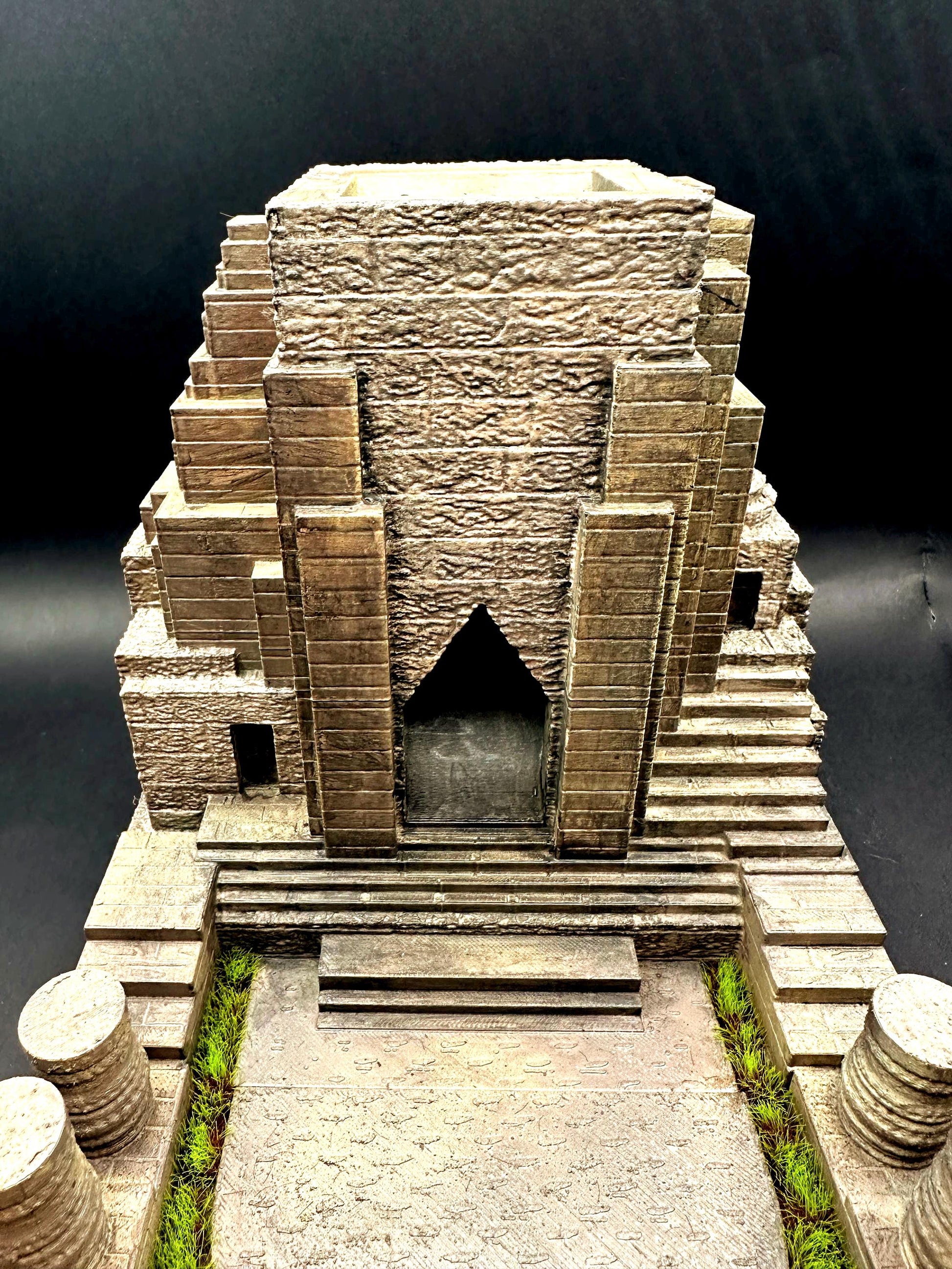 Handpainted dungeon-themed dice tower with stone details and included resin dice set, perfect for Dungeons and Dragons, tabletop RPGs, and fantasy gaming décor.