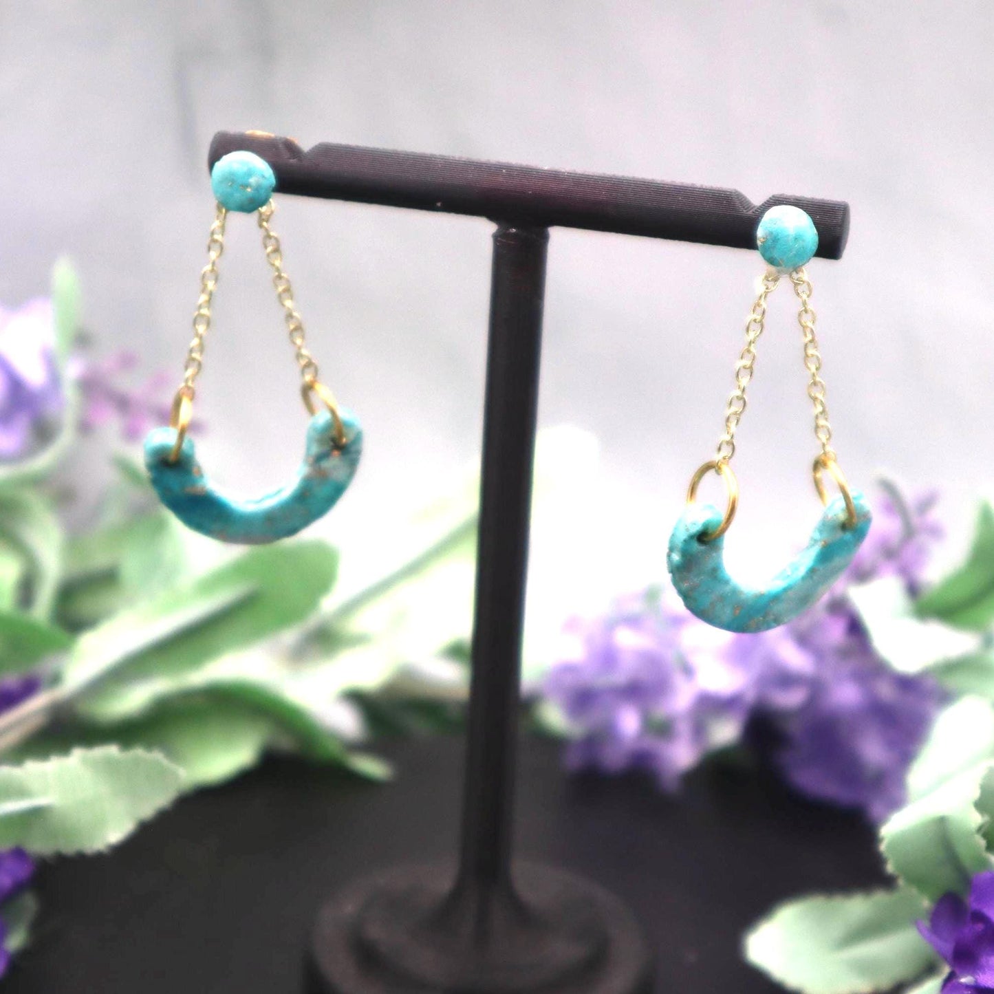 Gold & Turquoise Polymer Clay Dangle Earrings: Modern Boho Arch