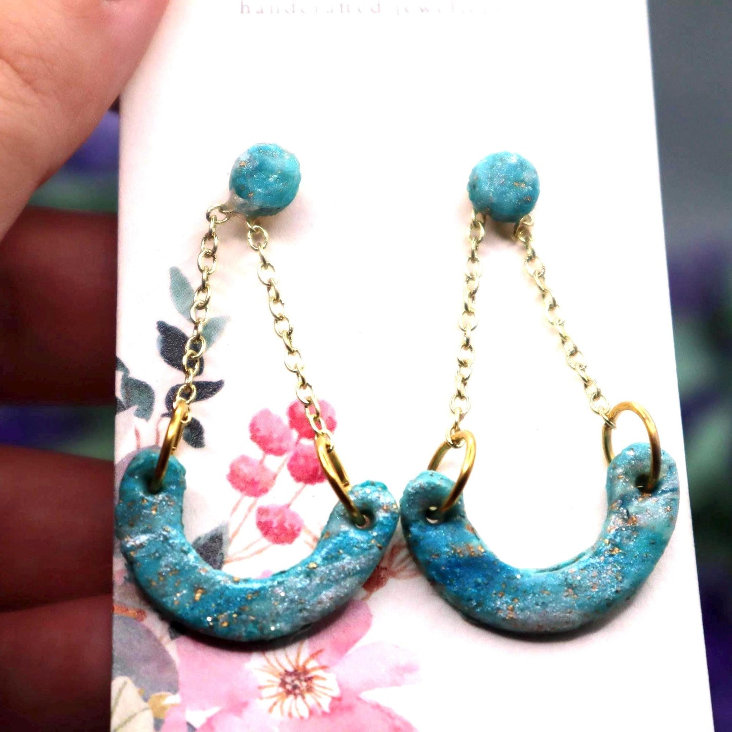 Gold & Turquoise Polymer Clay Dangle Earrings: Modern Boho Arch